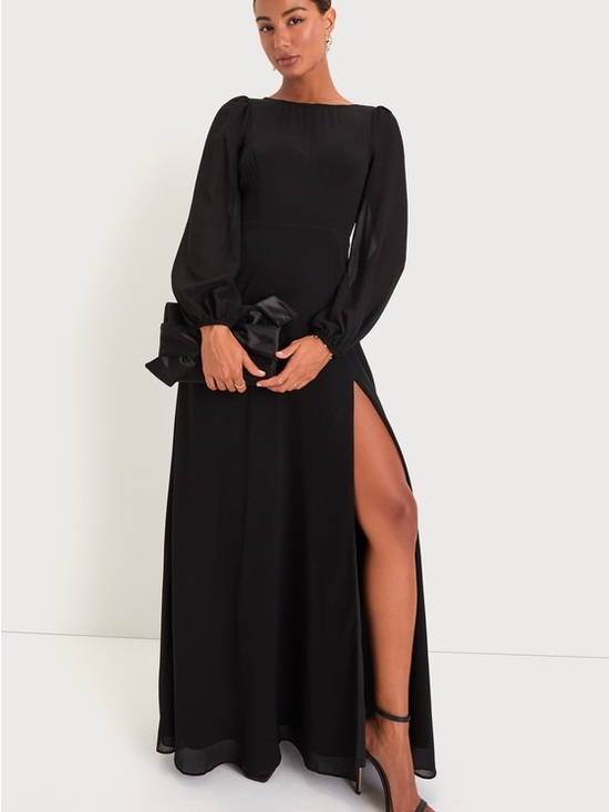 Lulus Dresses & Skirts - Lulu's Black Long Sleeve Satin-Trim Evening Dress with High Slit